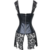 Women's Steampunk Gothic Faux Leather Bustier Corset with Lace Skirt - INSWEAR