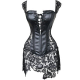 Women's Steampunk Gothic Faux Leather Bustier Corset with Lace Skirt - INSWEAR