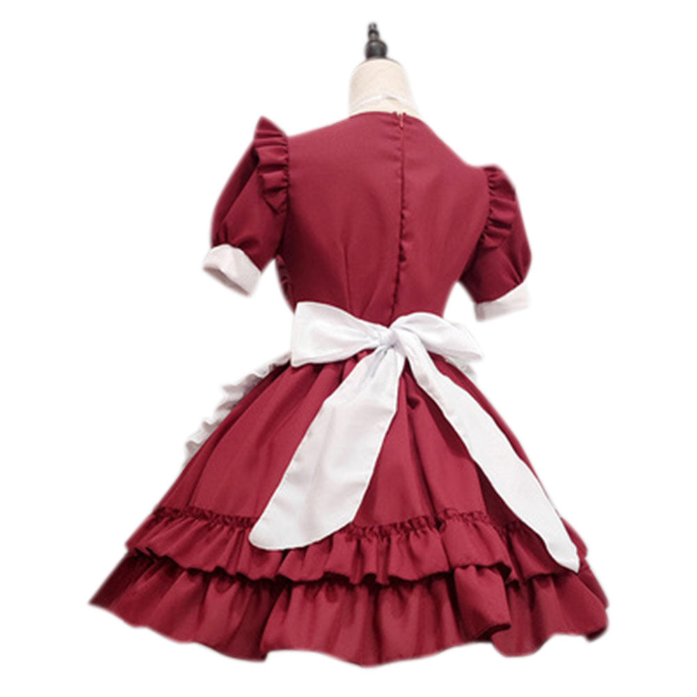 Women Halloween Japanese Cute Lolita Dress Red Bow Ruffle Cafe Maid Outfit Puff Dress - INSWEAR