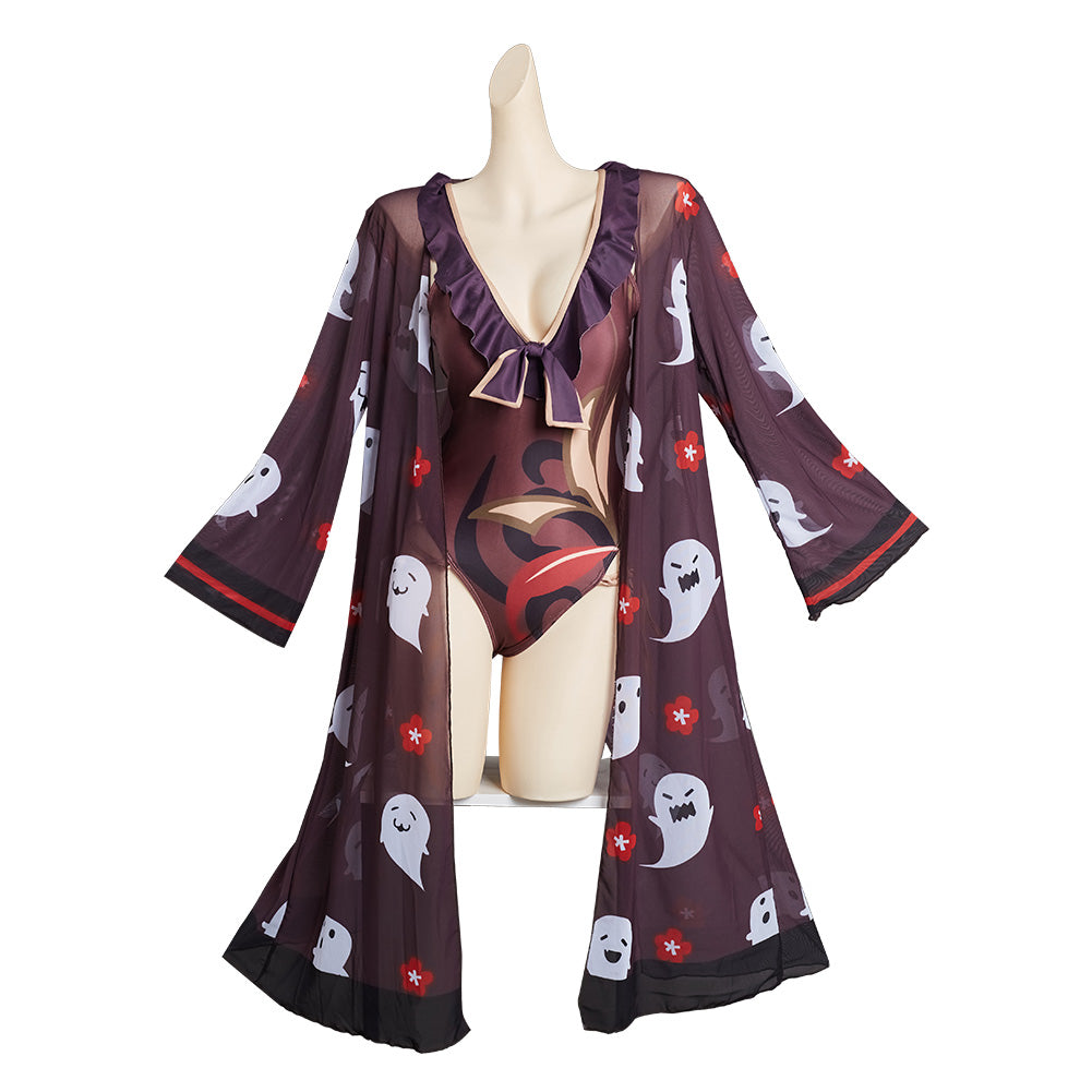 Women Genshin Impact Hutao Cosplay One Piece V Neck Bathing Suit Swimsuit with Sheer Kimono Cardigan Cover Up - INSWEAR