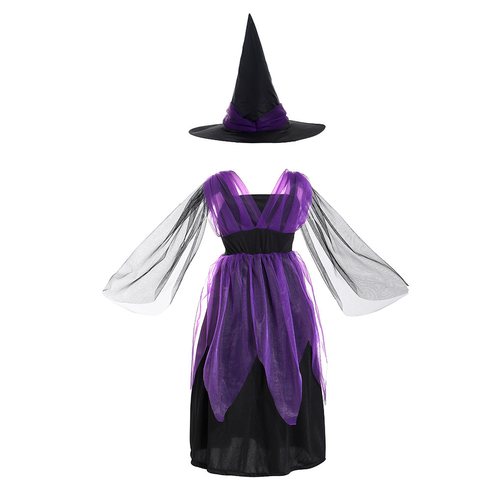 Kids Girls Halloween Costume Purple Witch Cosplay Dress Children Clothing Masquerade Child Show Outfits - INSWEAR