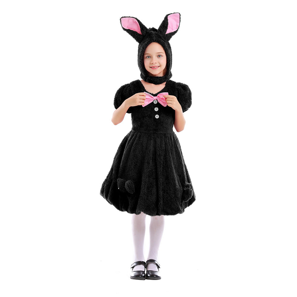Kids Girls Kawaii Rabbit Costume with Rabbit Ear Hat Halloween Performance Animal Party Flannel Dress - INSWEAR