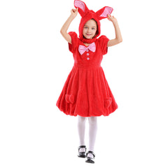 Kids Girls Kawaii Rabbit Costume with Rabbit Ear Hat Halloween Performance Animal Party Flannel Dress - INSWEAR