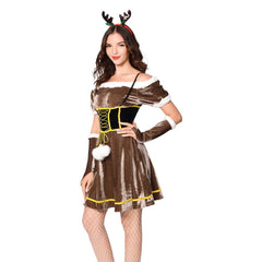 Women Christmas Deer Cosplay Costumes Off Shoulder Sexy Elk Dress Halloween Costumes Elk Costume - INSWEAR