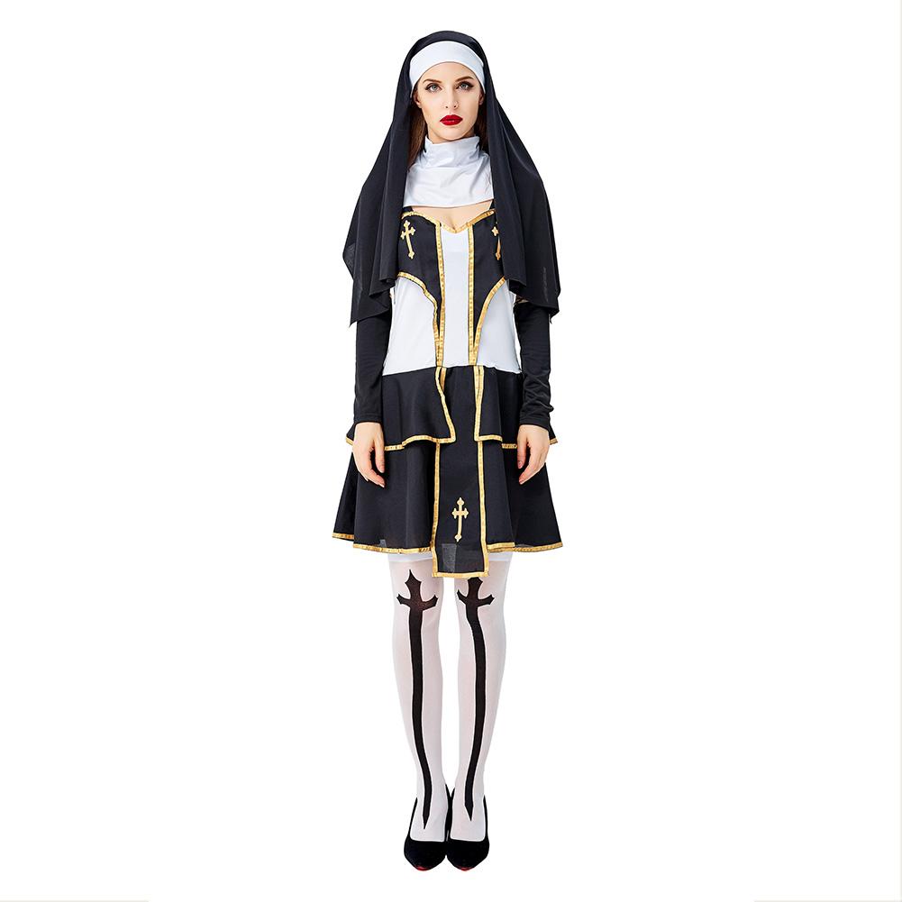 Women Halloween Costumes Virgin Mary Nun Missionary Costume Purim Sister Nun Masquerade Party Dress Set - INSWEAR