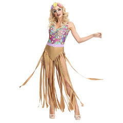 Women 1970s Disco Hippie Jumpsuit Tassel Suit Halloween Dance Show Fringe Costume - INSWEAR