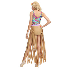 Women 1970s Disco Hippie Jumpsuit Tassel Suit Halloween Dance Show Fringe Costume - INSWEAR