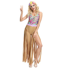 Women 1970s Disco Hippie Jumpsuit Tassel Suit Halloween Dance Show Fringe Costume - INSWEAR