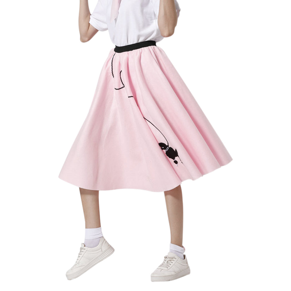 Women 1950s Skirt Poodle Printed Shirt Pink Dress with Musical Note Scarf - INSWEAR