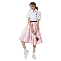 Women 1950s Skirt Poodle Printed Shirt Pink Dress with Musical Note Scarf - INSWEAR