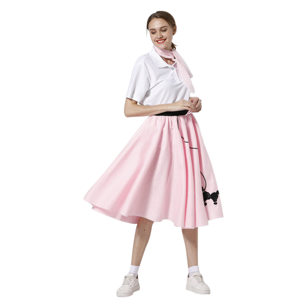 Women 1950s Skirt Poodle Printed Shirt Pink Dress with Musical Note Scarf - INSWEAR