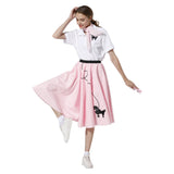 Women 1950s Skirt Poodle Printed Shirt Pink Dress with Musical Note Scarf - INSWEAR