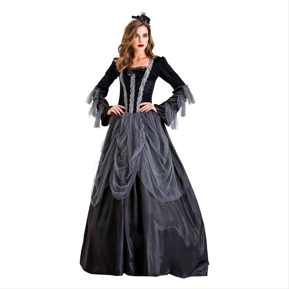 Women Long Dresses Elegant Halloween Party Cosplay Costume Vintage Witch Long Sleeve Maxi Dress - INSWEAR