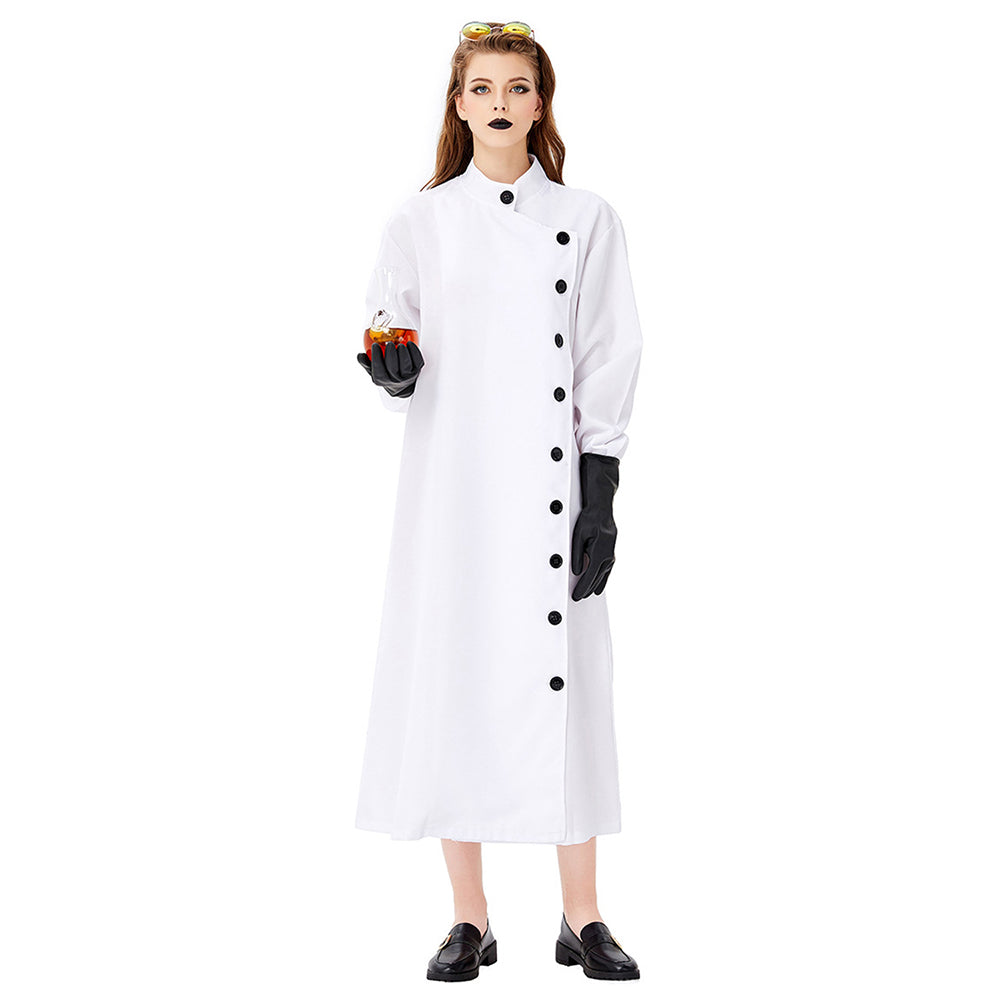 Women Halloween White Lab Coat Full Length Long Sleeve Fancy Cosplay Costume - INSWEAR