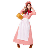 Women American Pioneer Colonial Dress Prairie Costume with Bonnet Red - INSWEAR