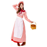Women American Pioneer Colonial Dress Prairie Costume with Bonnet Red - INSWEAR