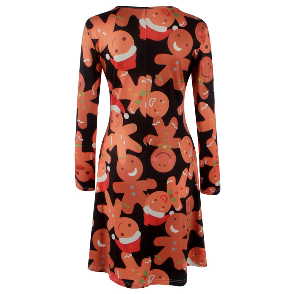 Women's Christmas Gingerbread Print Pullover Flared A Line Dress - INSWEAR