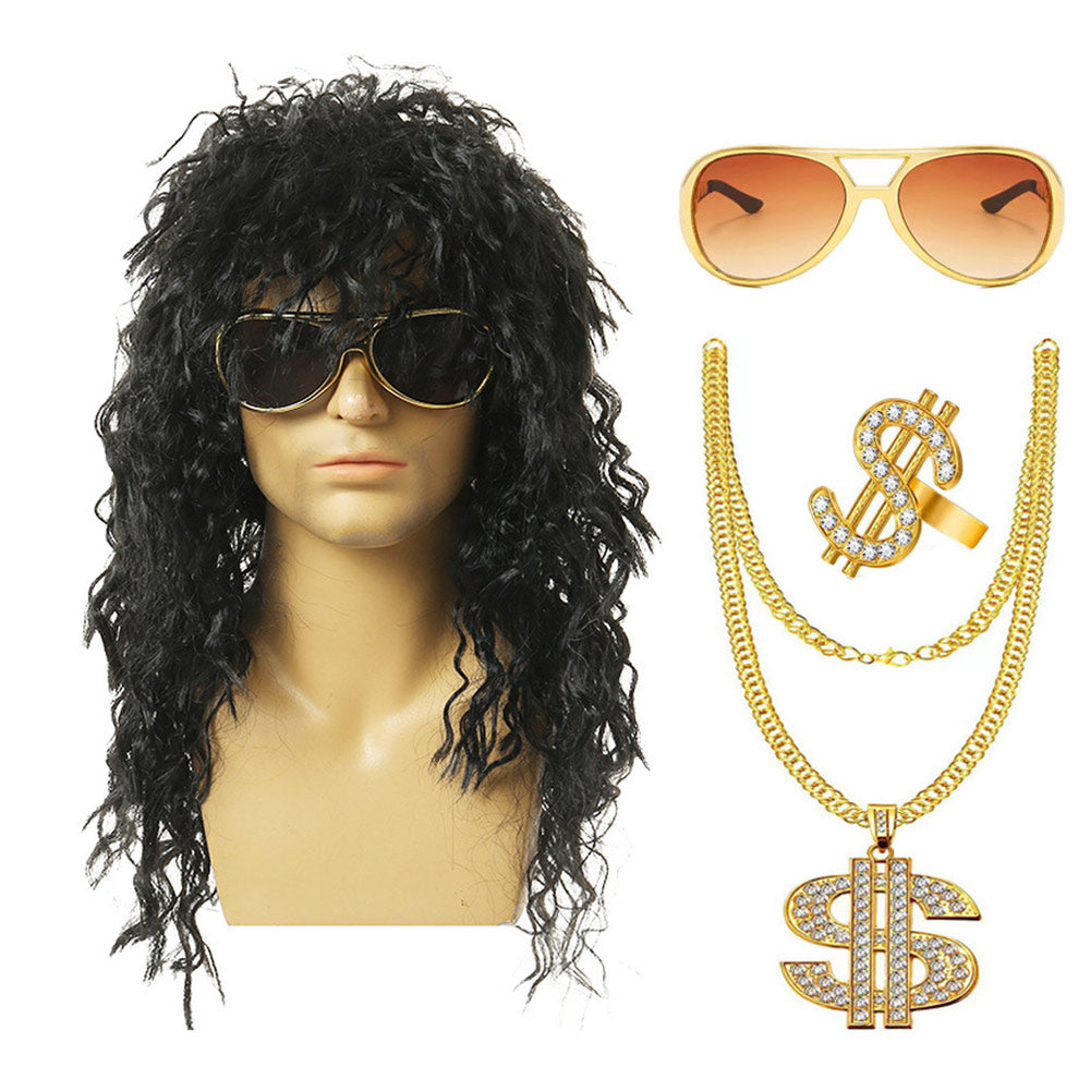 80s Cosplay Wig Long Curly Hair Wavy Wig Punk Men‘s Rock Headgear Masquerade Performance Props Costume Accessories