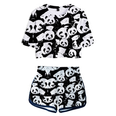 Women Crop Top & Shorts Set Animal Panda Printed Summer 2 Pieces Casual Clothes - INSWEAR