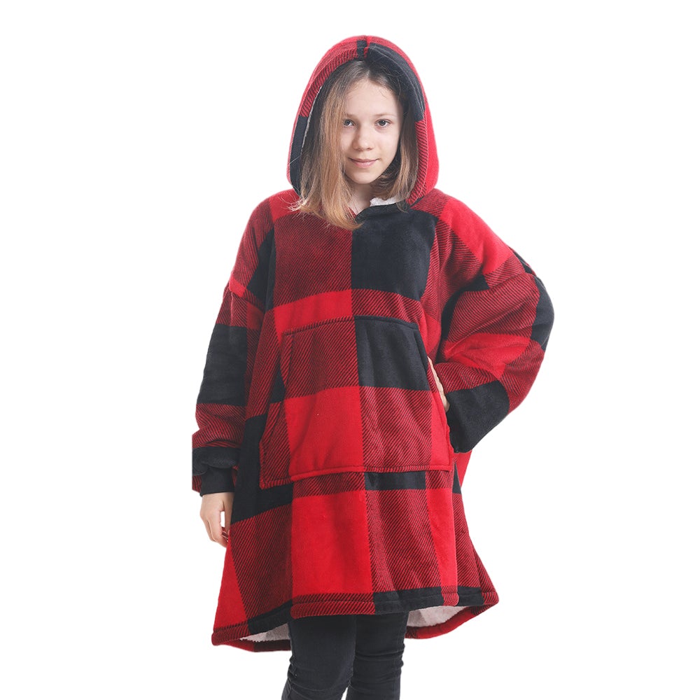 Kids Black Red Plaid Wearable Hoodie Blankets Oversized Lightweight Warm Cozy Blanket Hoodie Sweatshirt - INSWEAR