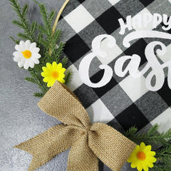 Easter Wreath Bunny Happy Easter Decorations Gingham Check Plaid Easter Ornaments Hanging for Front Door - INSWEAR