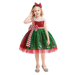 Christmas Kids Girls Sequined Bow Cosplay Dress Halloween Carnival Costume