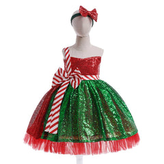 Christmas Kids Girls Sequined Bow Cosplay Dress Halloween Carnival Costume