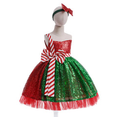 Christmas Kids Girls Sequined Bow Cosplay Dress Halloween Carnival Costume