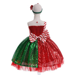 Christmas Kids Girls Sequined Bow Cosplay Dress Halloween Carnival Costume