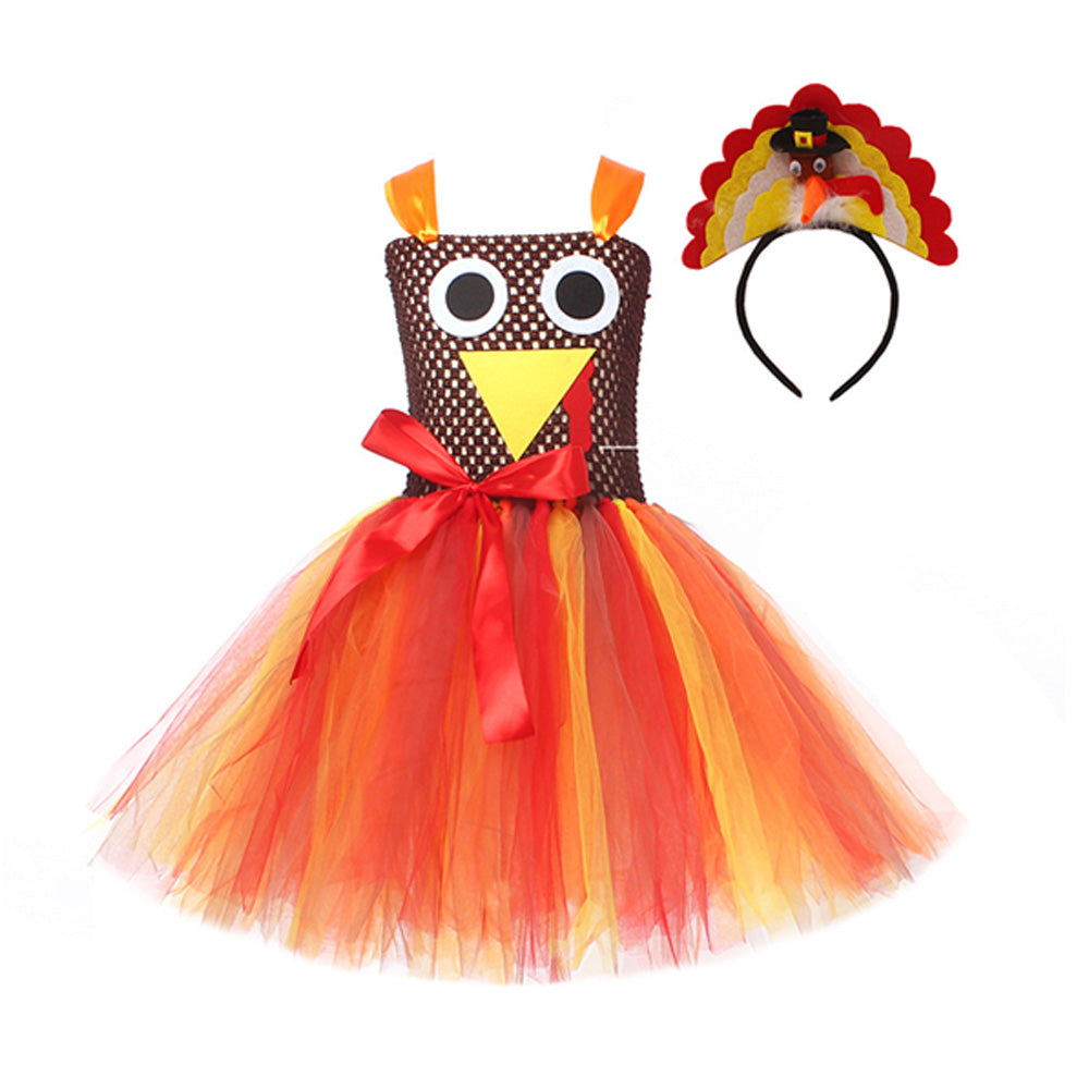 Thanks Giving Day Turkey KIds Girls TUTU Dress Cosplay Dress Halloween Carnival Costume Dress Up - INSWEAR