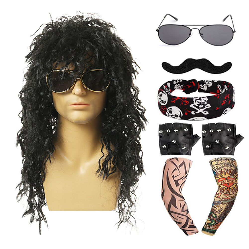 80s Cosplay Wig Long Curly Hair Wavy Wig Punk Men‘s Rock Headgear Masquerade Performance Props Costume Accessories