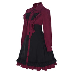 Scarlet with Black Lace Victorian Style Gothic Women Dress Cosplay Costume Outfits Halloween Carnival Suit