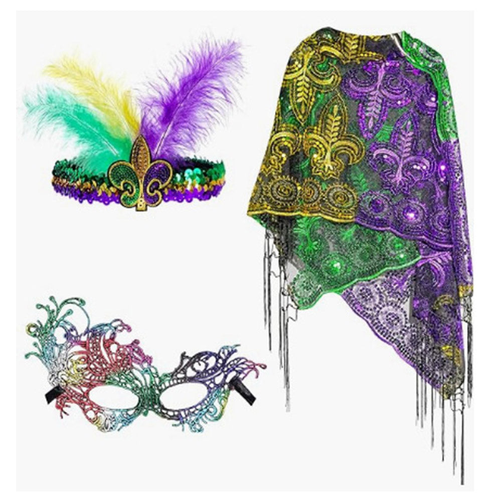 Sequin Mask Feather Headband Shawl Scarf 3 Pics Set Cosplay Latex Masks Helmet Masquerade Halloween Party Costume Props