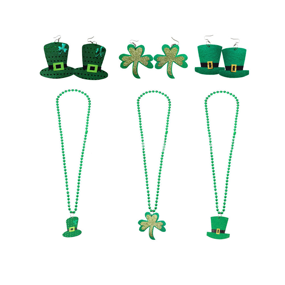 St Patricks Day Green Hat Lucky Costume Accessories Celebration Carnival Props for Irish Fun Party Hats Necklace Earings Set