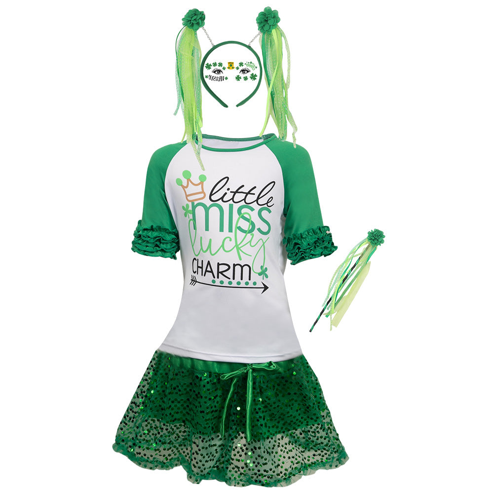 St. Patrick's Day Kids Girls Cosplay Tutu Dress With Headband Magic Wand Stickers Full Set Halloween Carnival Costume