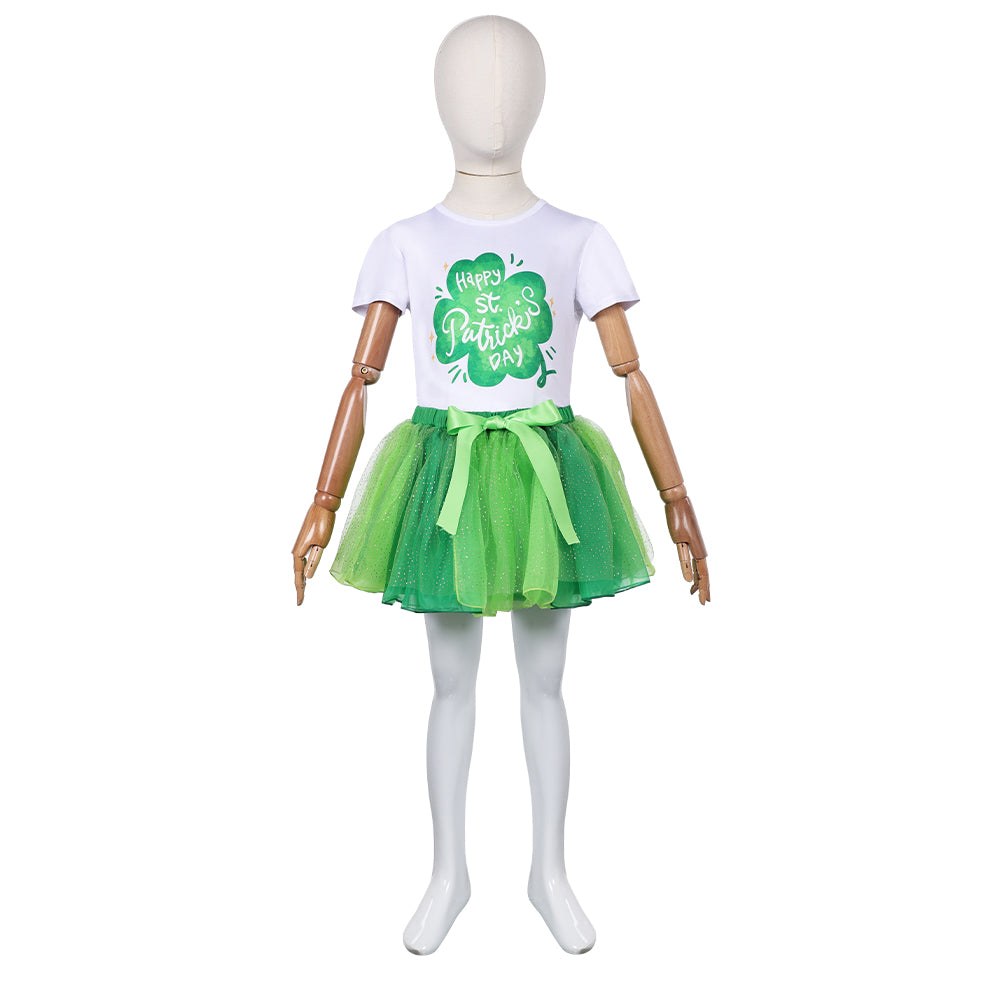 St. Patrick's Day Kids Girls Green Clover Tutu Dress Skirt Set Cosplay Costume Outfits Halloween Carnival Suit
