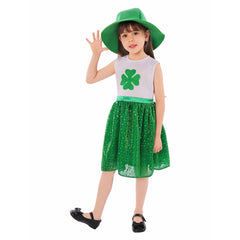 St. Patrick's Day Kids Girls Lucky Irish Clover Holiday Cosplay Sequin Dress Costume Outfits Halloween Carnival Suit