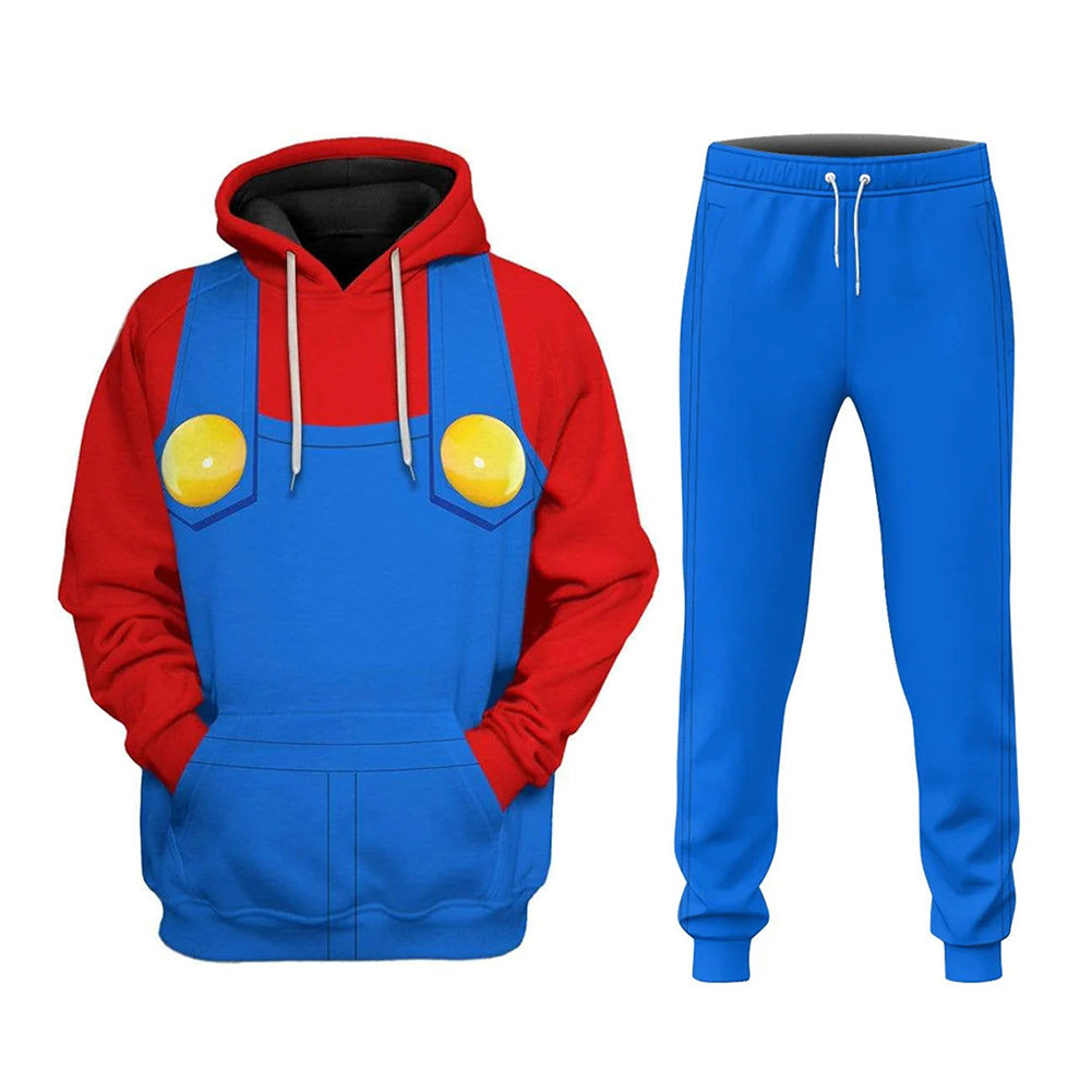 Super Mario Mario Adult Cosplay Hooded Sweatshirt Joggers Trousers Set 3D Printed Pullover Hoodie Pants Set