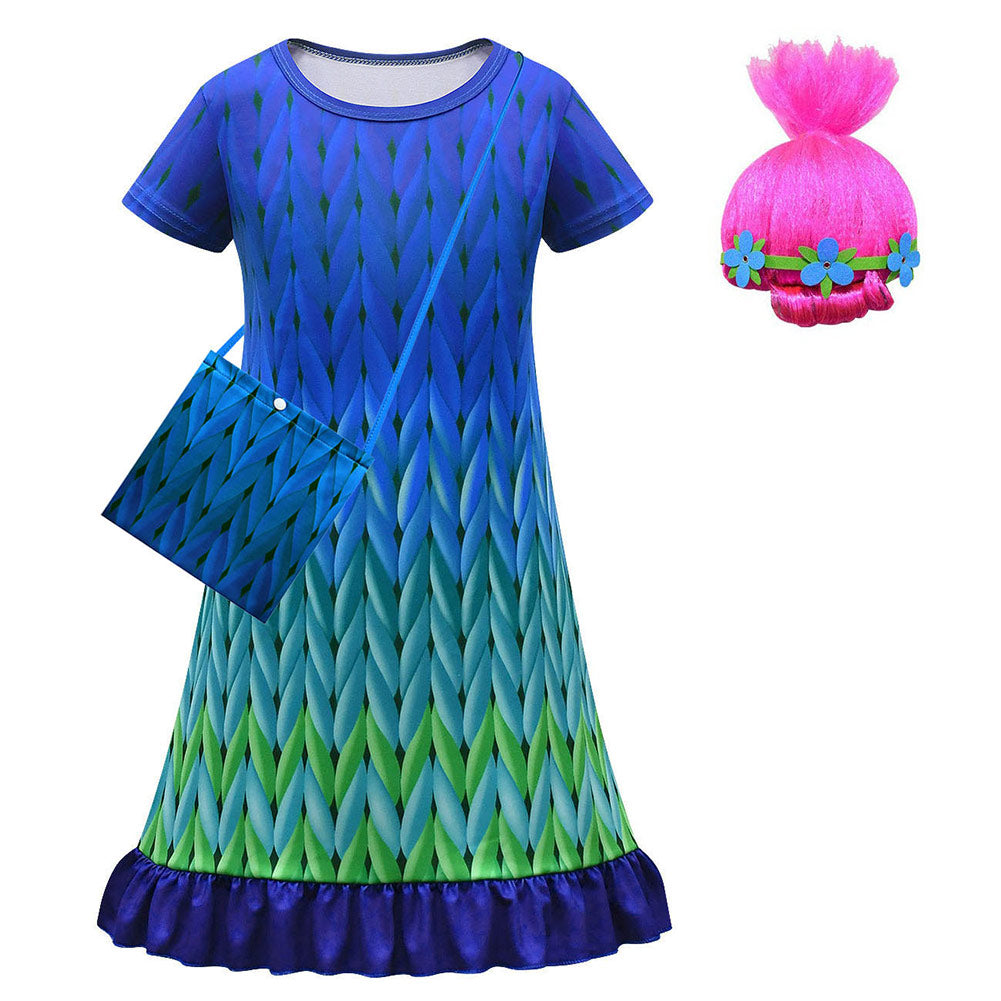 Trolls 3 Queen Poppy Elf Princess Kids Girls Cosplay Ruffled Dress Halloween Carnival Costume